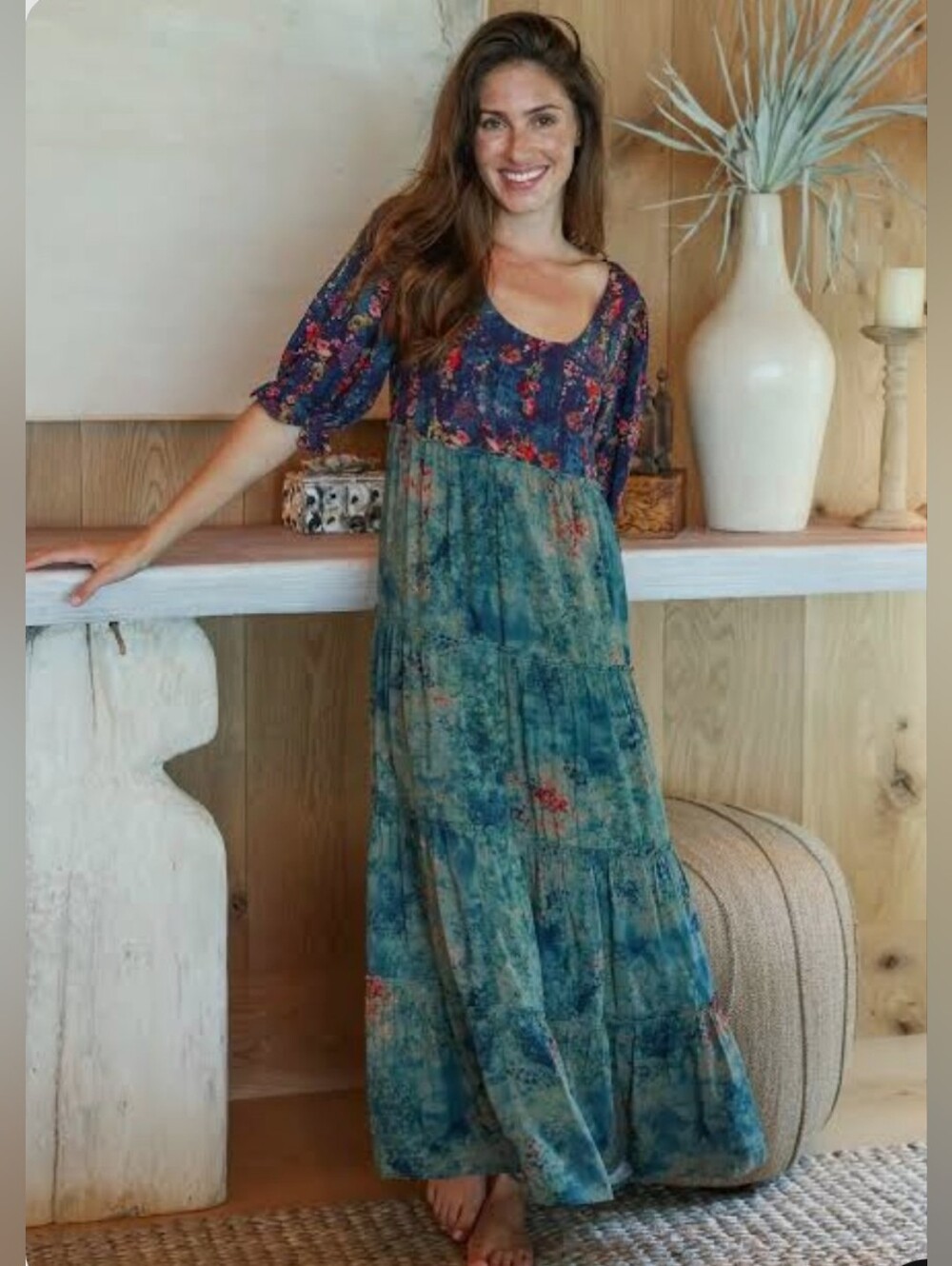 NATURAL LIFE Teal and Navy Floral Patchwork Maxi Dress